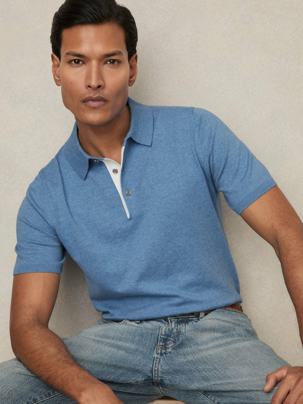 Contrast-Placket Polo Shirt With Cotton Blue | Mens
