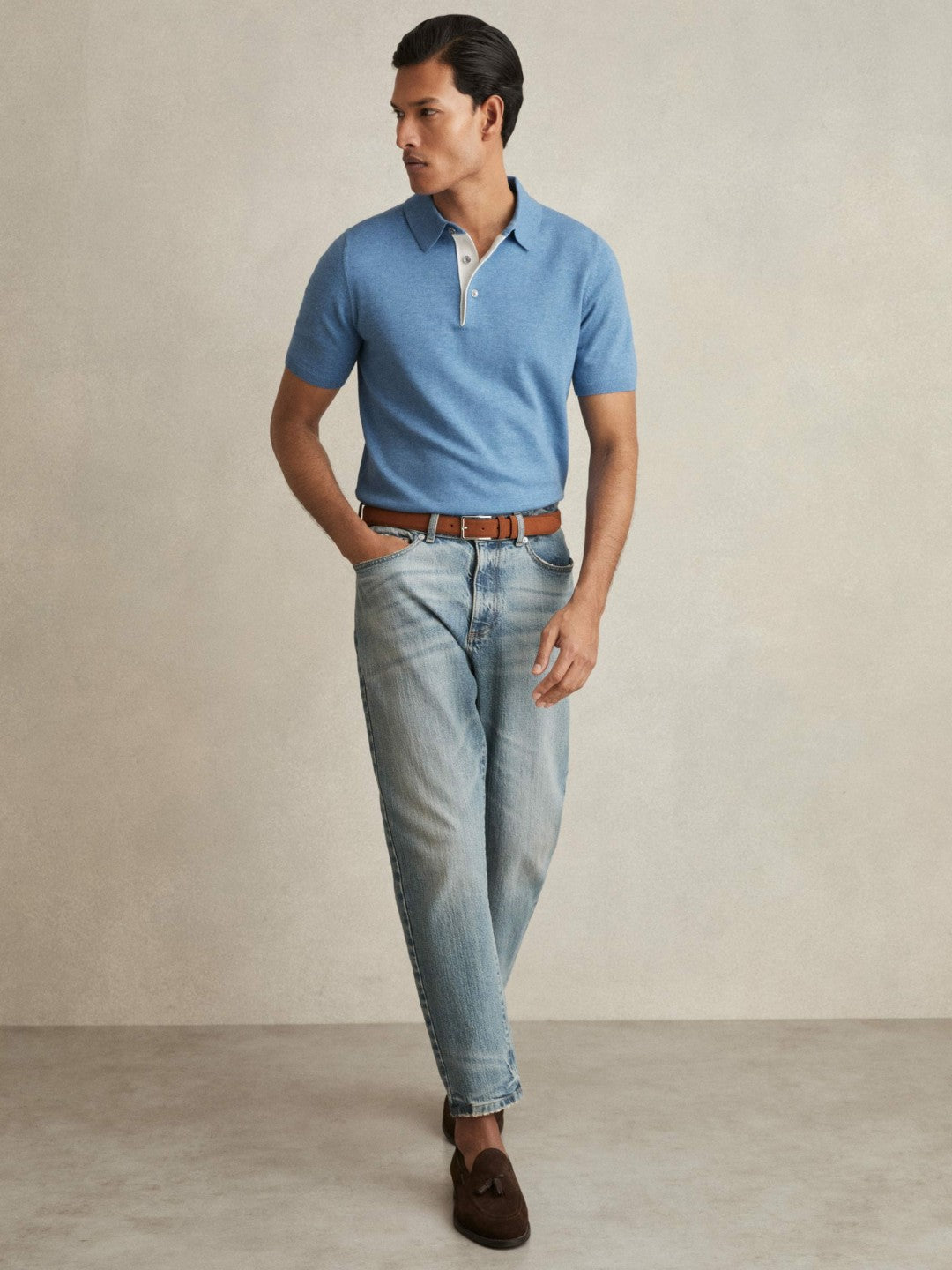 Contrast-Placket Polo Shirt With Cotton Blue | Mens