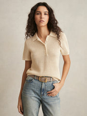 Cotton-Blend Open-Knit Polo Shirt Ivory | Womens