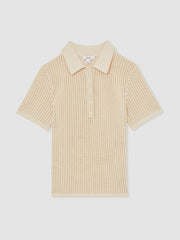 Cotton-Blend Open-Knit Polo Shirt Ivory | Womens