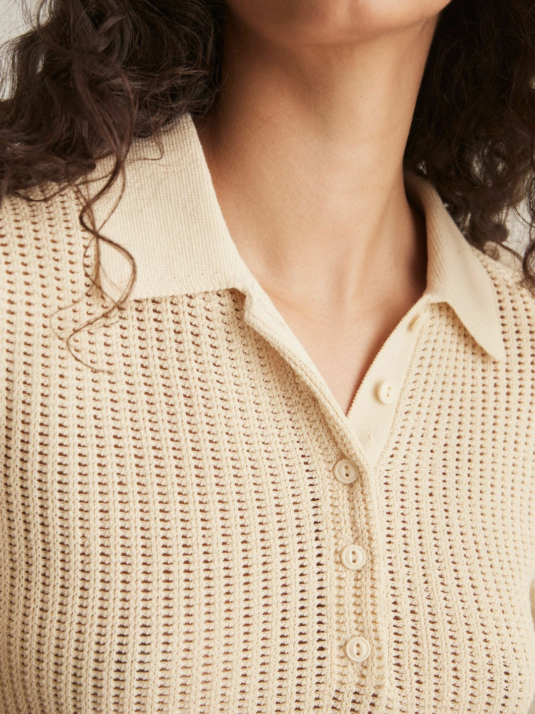 Cotton-Blend Open-Knit Polo Shirt Ivory | Womens