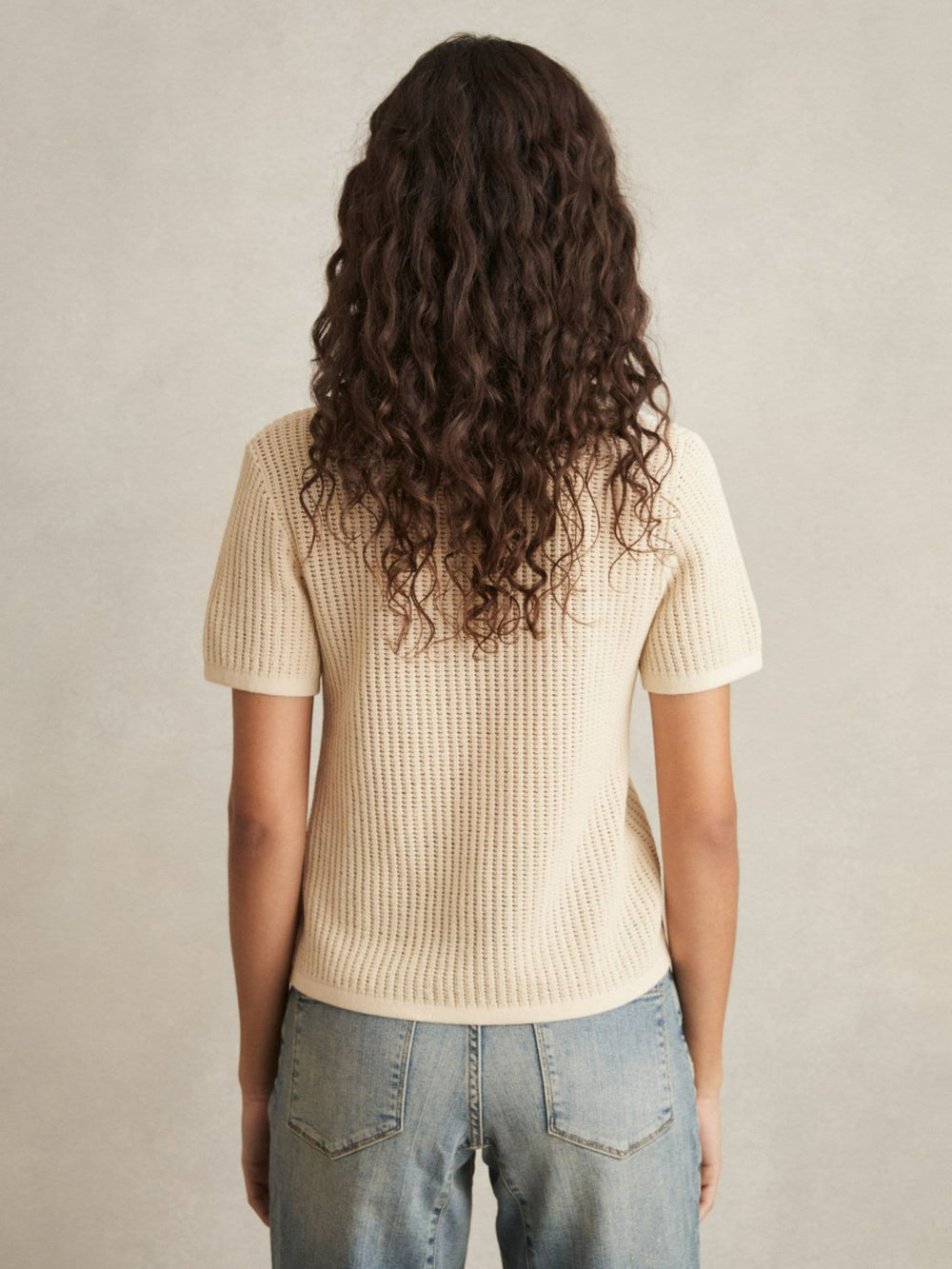 Cotton-Blend Open-Knit Polo Shirt Ivory | Womens