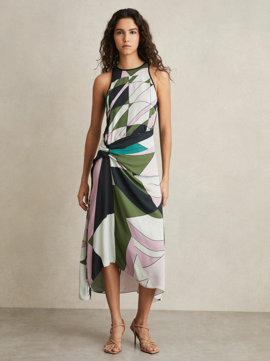 Geometric-Print Gathered Midi Dress Green | Womens