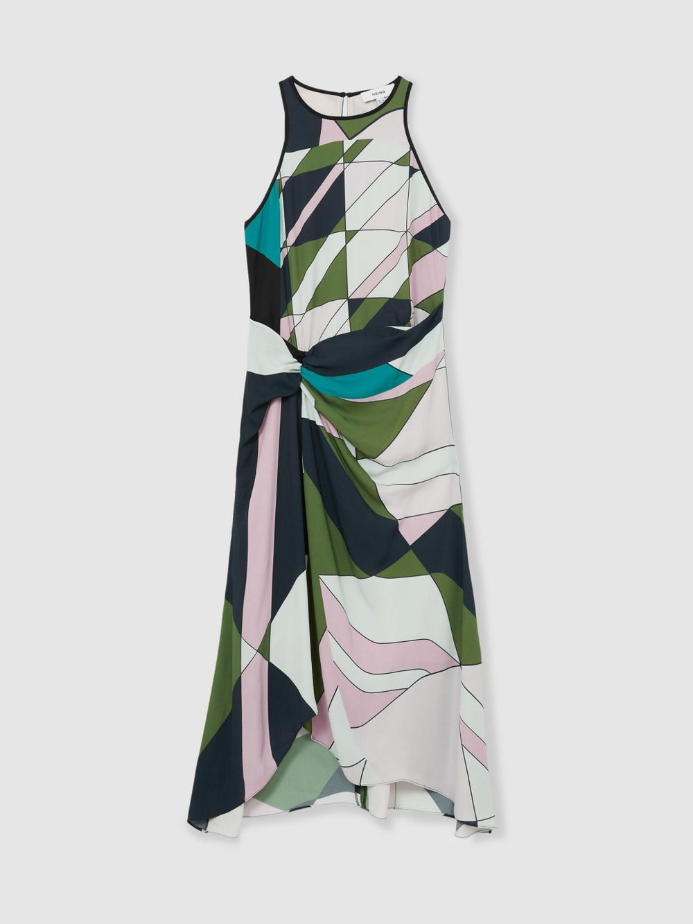 Geometric-Print Gathered Midi Dress Green | Womens