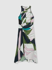 Geometric-Print Gathered Midi Dress Green | Womens