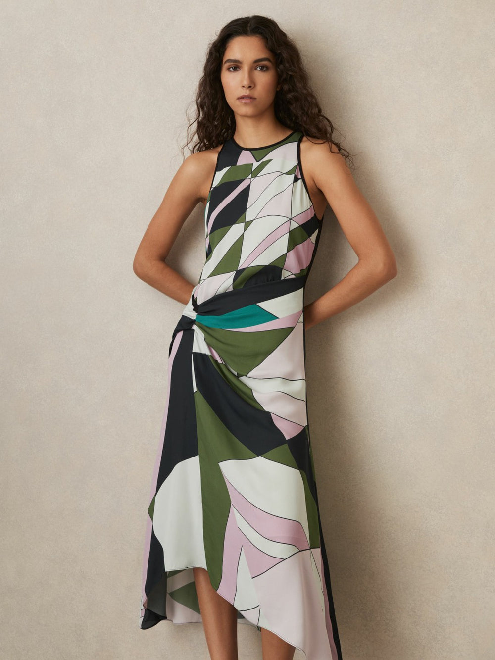 Geometric-Print Gathered Midi Dress Green | Womens
