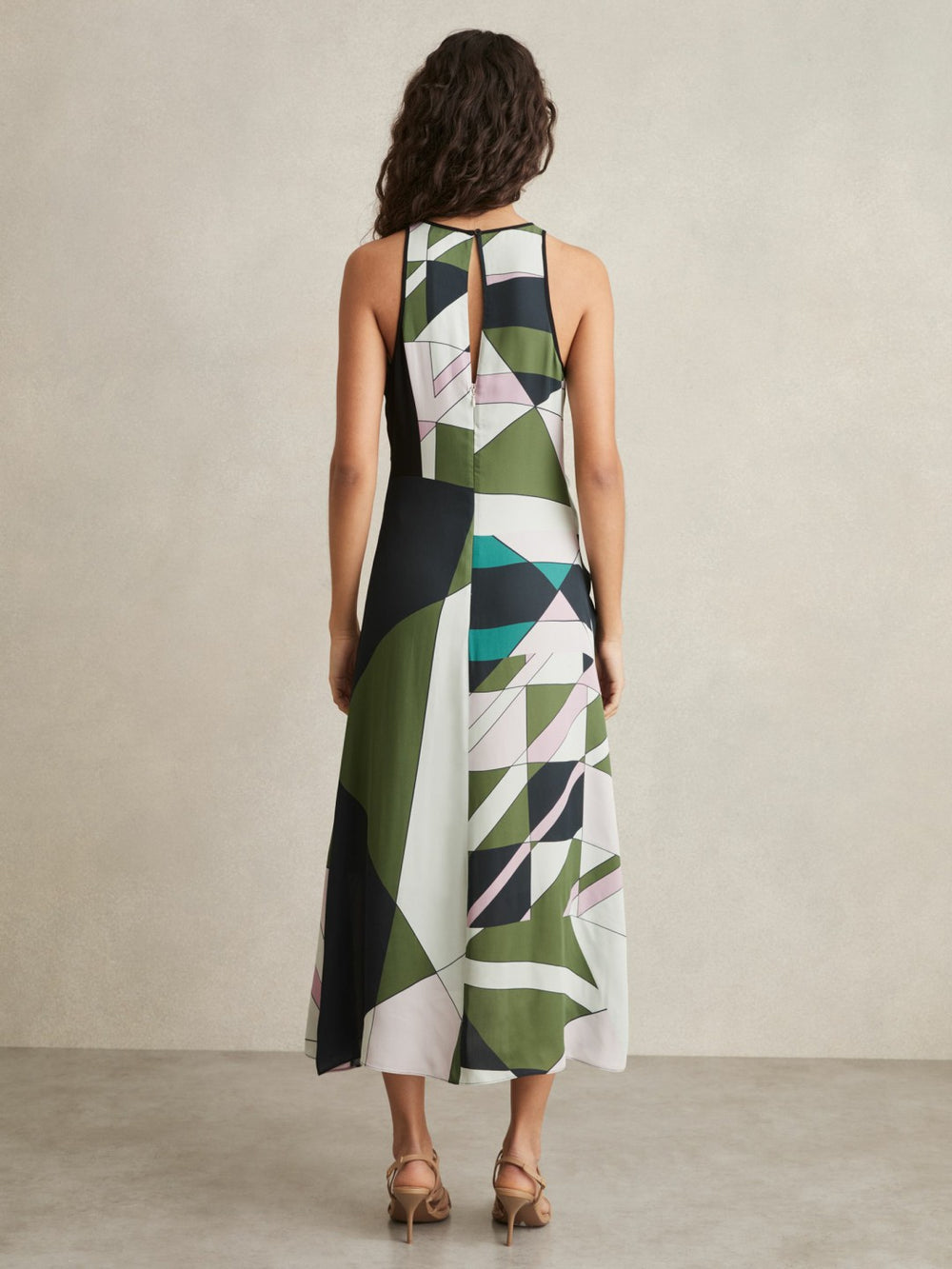 Geometric-Print Gathered Midi Dress Green | Womens