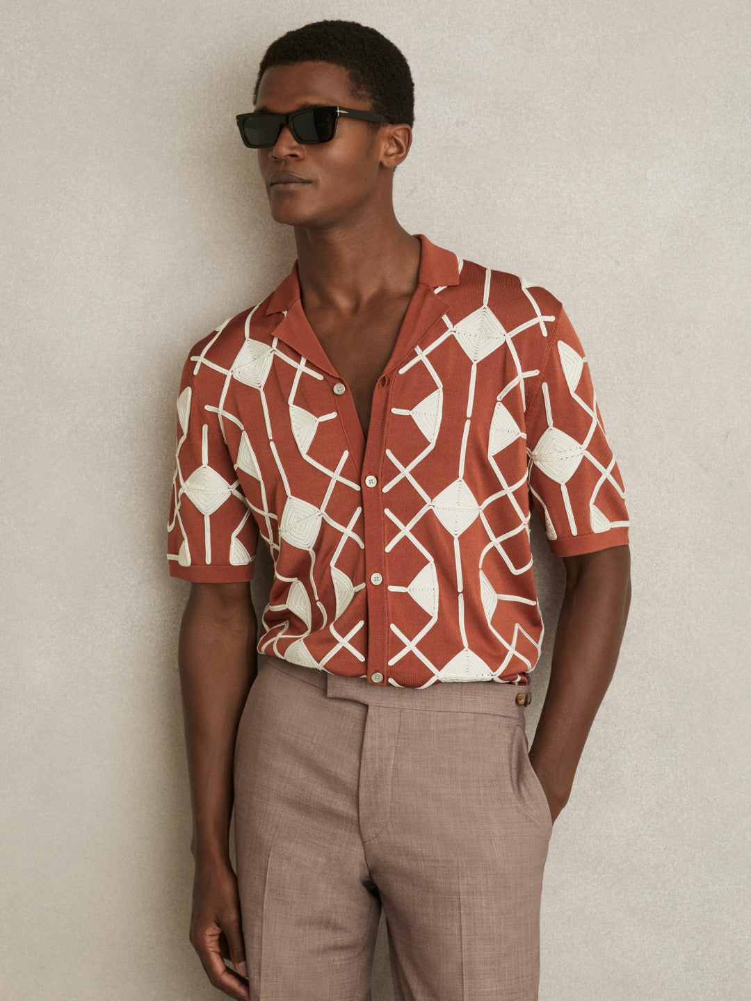 Geometric Embroidery Knit Shirt Paprika Red | Mens