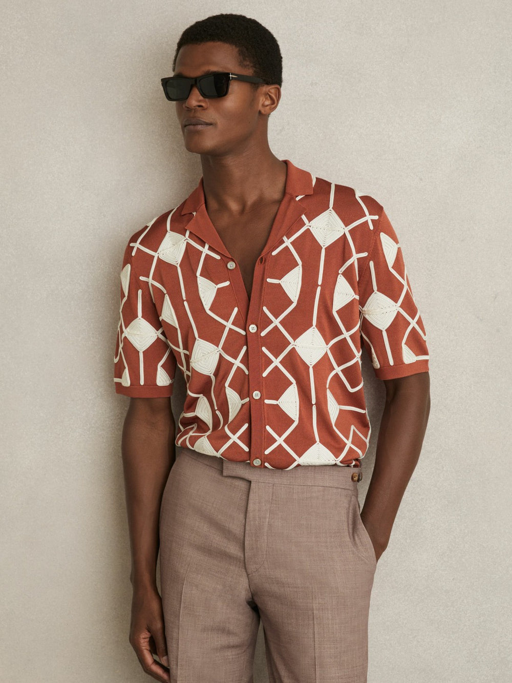 Geometric Embroidery Knit Shirt Paprika Red | Mens
