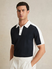 Colour-Block Knit Polo Shirt Navy/White | Mens