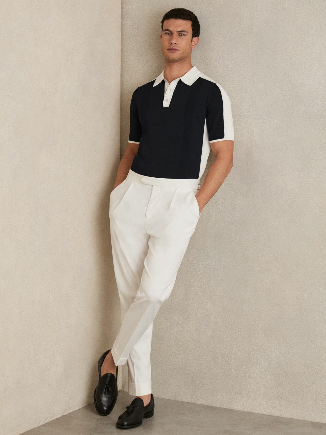 Colour-Block Knit Polo Shirt Navy/White | Mens