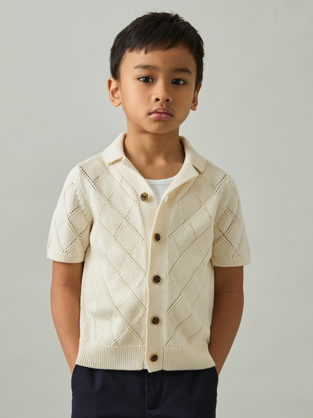 3-9 yrs Cotton Blend Diamond Knit Shirt Off White | Children