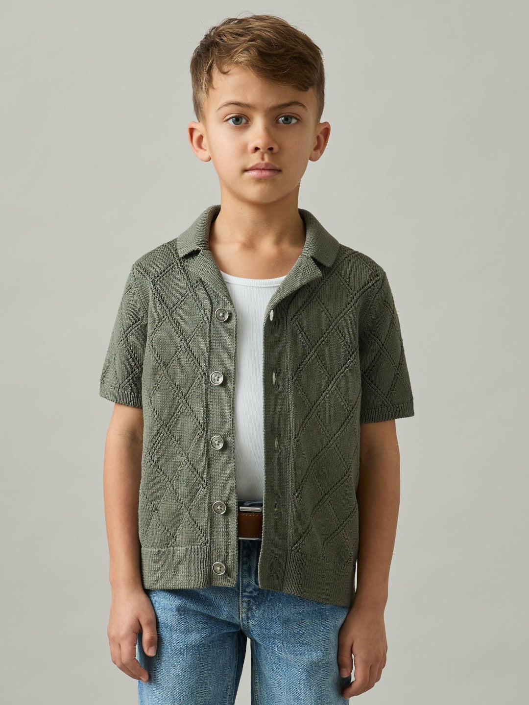 9-13 yrs Cotton Blend Diamond Knit Shirt Dark Sage | Children