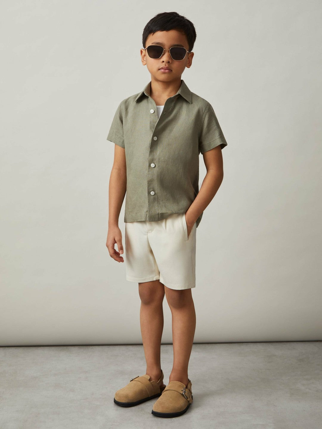 3-9 yrs Short Sleeve Linen Shirt Thyme Green | Children