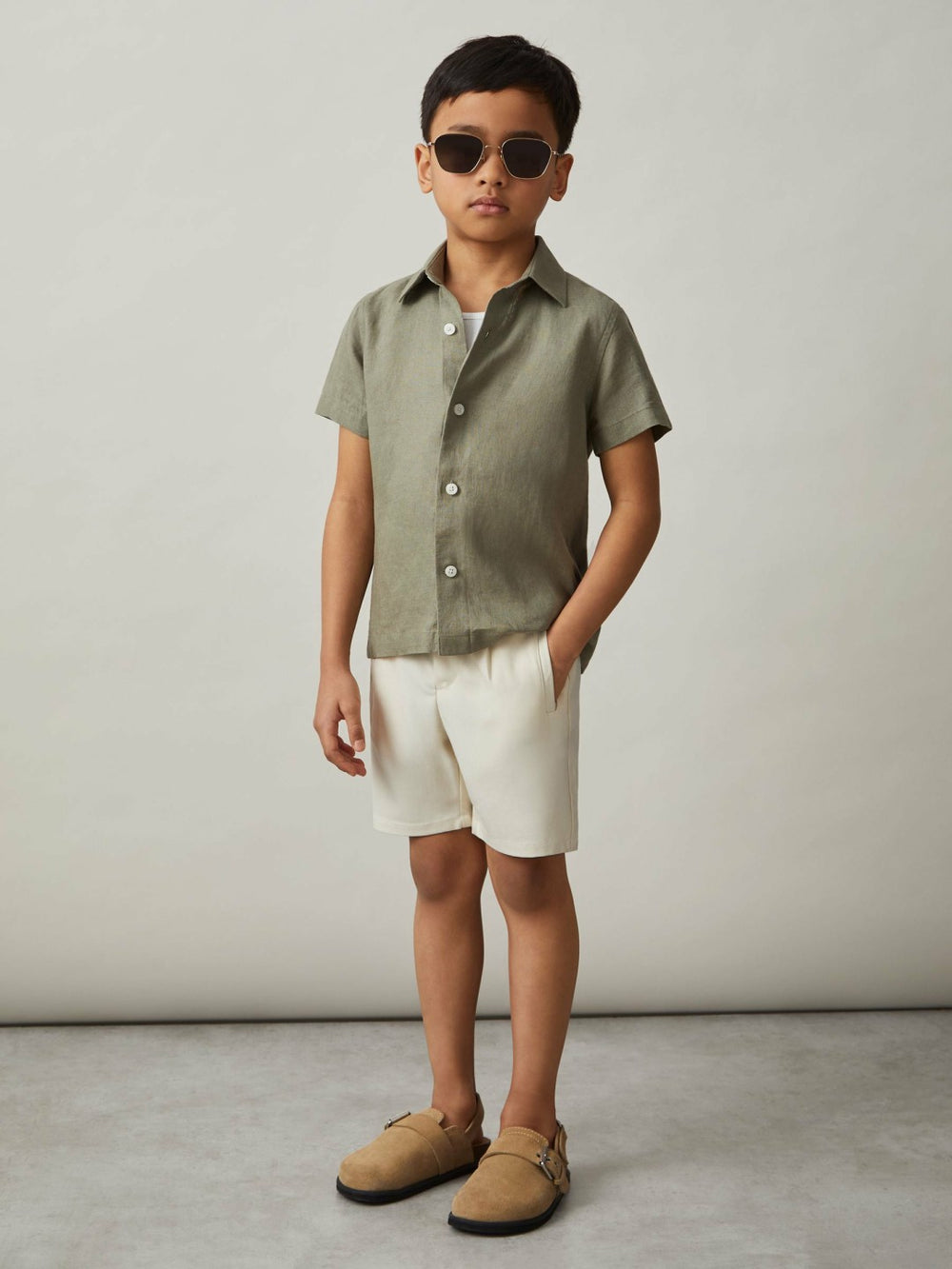 3-9 yrs Short Sleeve Linen Shirt Thyme Green | Children