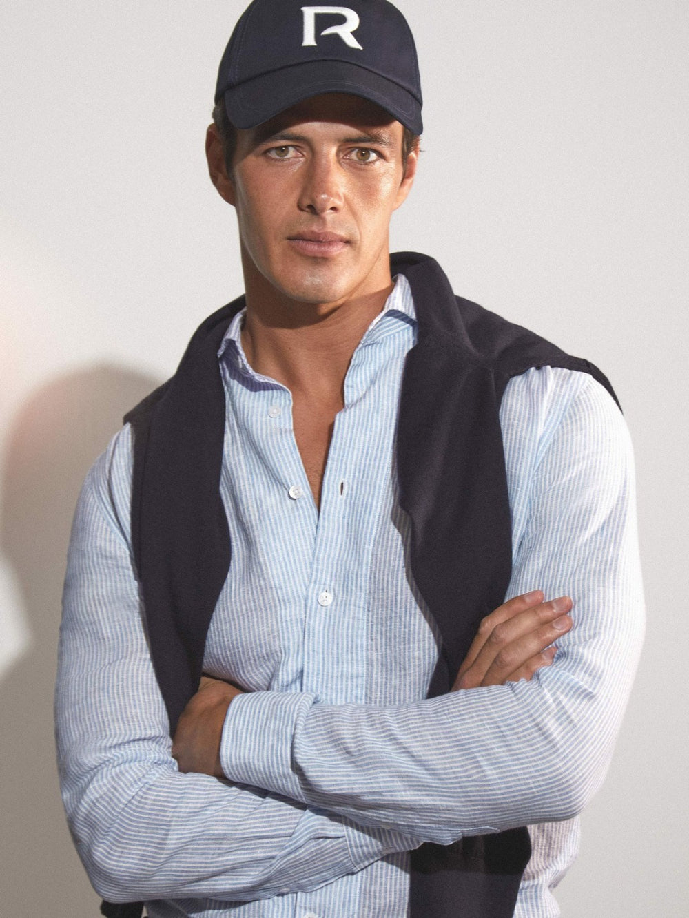 Linen Striped Long Sleeve Shirt Soft Blue/White Fine Stripe | Mens