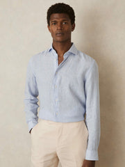 Linen Striped Long Sleeve Shirt Soft Blue/White Fine Stripe | Mens