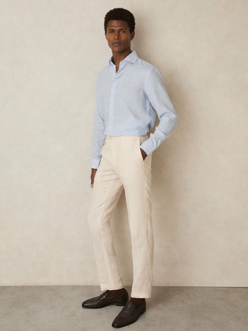 Linen Striped Long Sleeve Shirt Soft Blue/White Fine Stripe | Mens