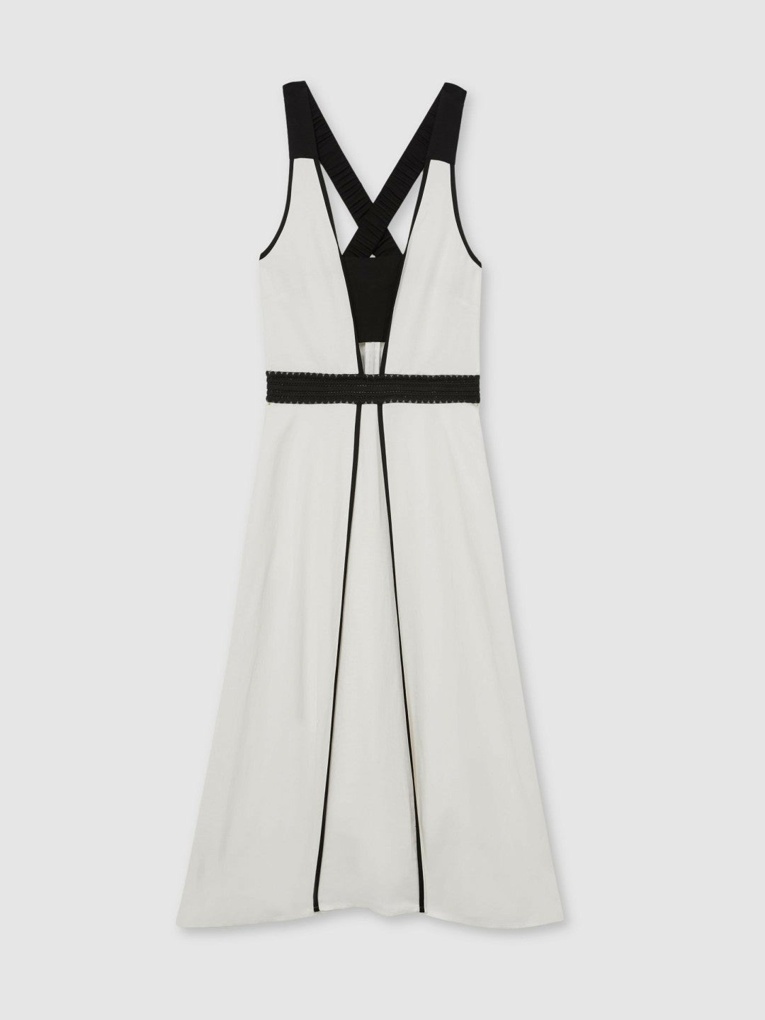 Contrast Trim Flared Midi Dress With Linen Ivory/Black | Womens