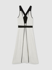 Contrast Trim Flared Midi Dress With Linen Ivory/Black | Womens