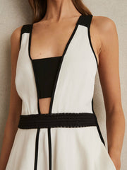 Contrast Trim Flared Midi Dress With Linen Ivory/Black | Womens