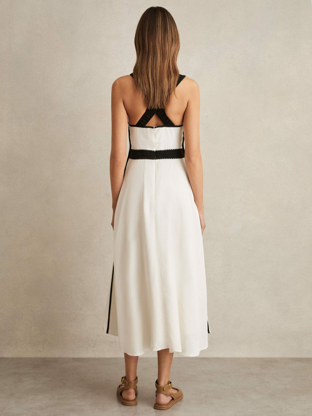Contrast Trim Flared Midi Dress With Linen Ivory/Black | Womens