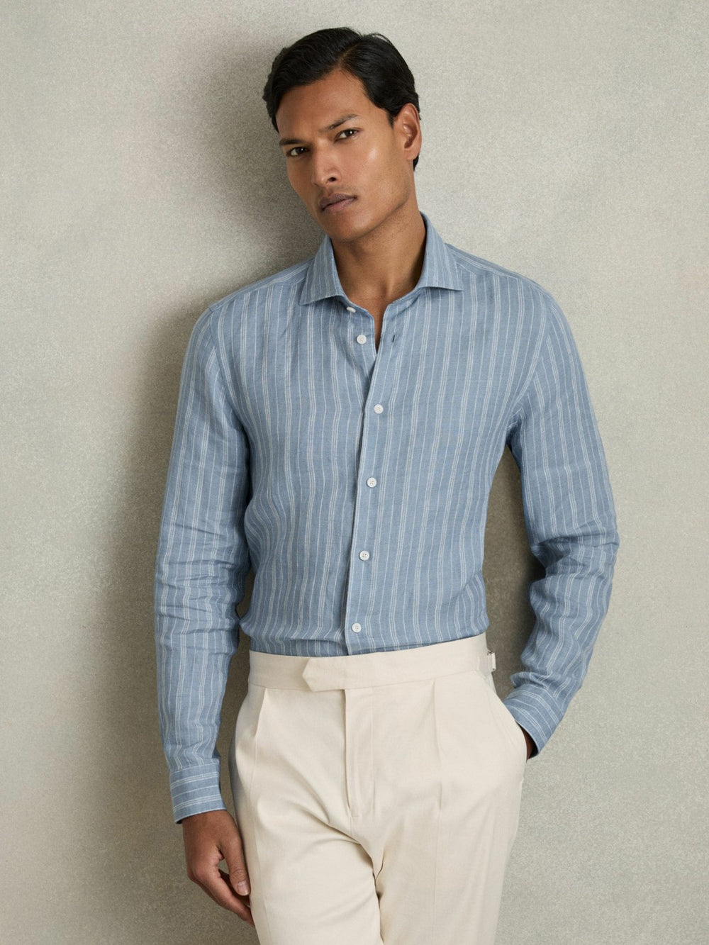 Linen Striped Long Sleeve Shirt Airforce Blue/White Bengal Stripe | Mens