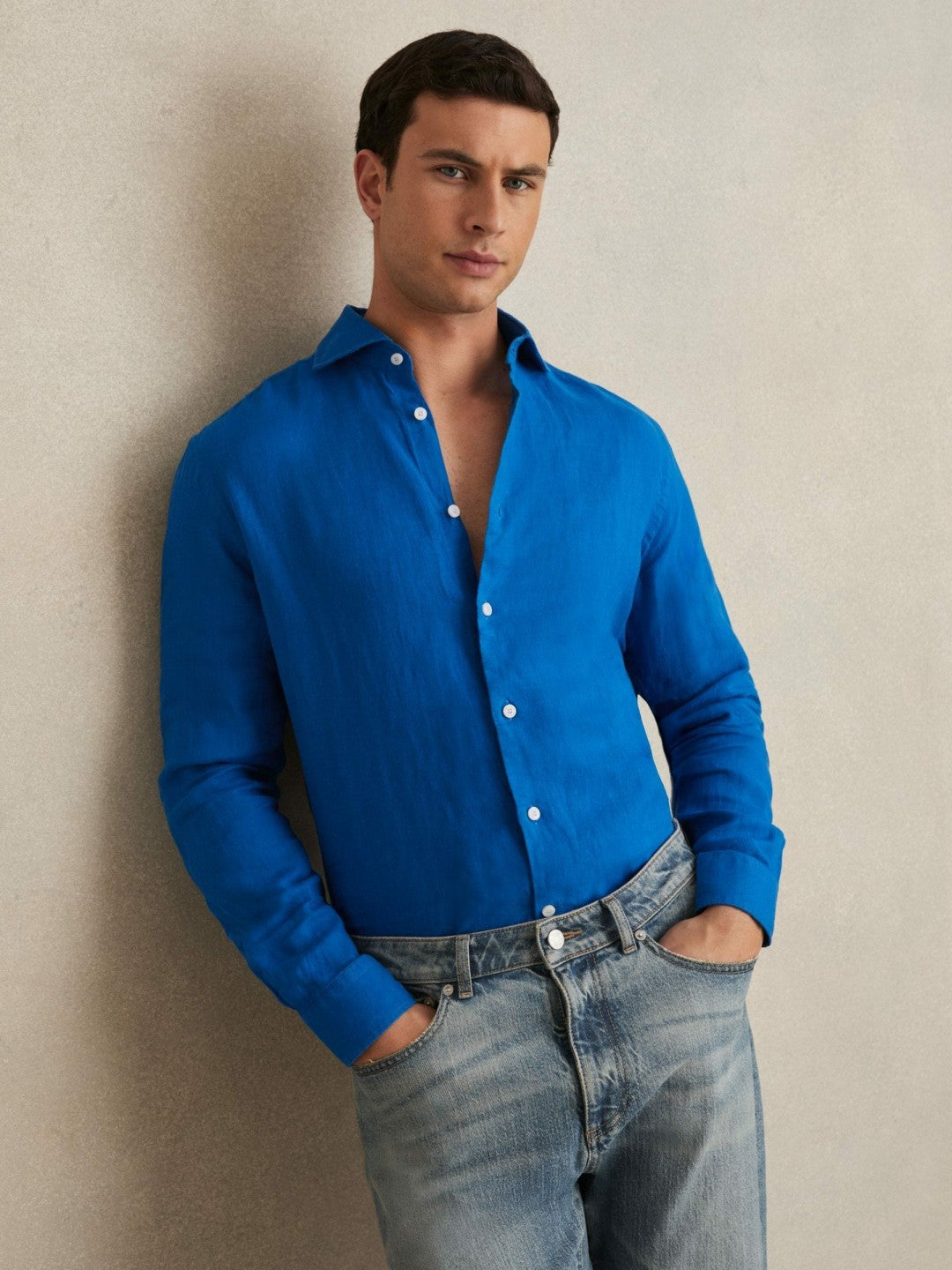 Linen Button-Through Shirt Bright Blue | Mens