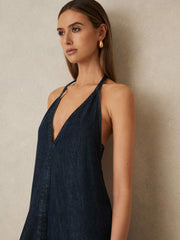 Denim Halterneck Maxi Dress Indigo | Womens