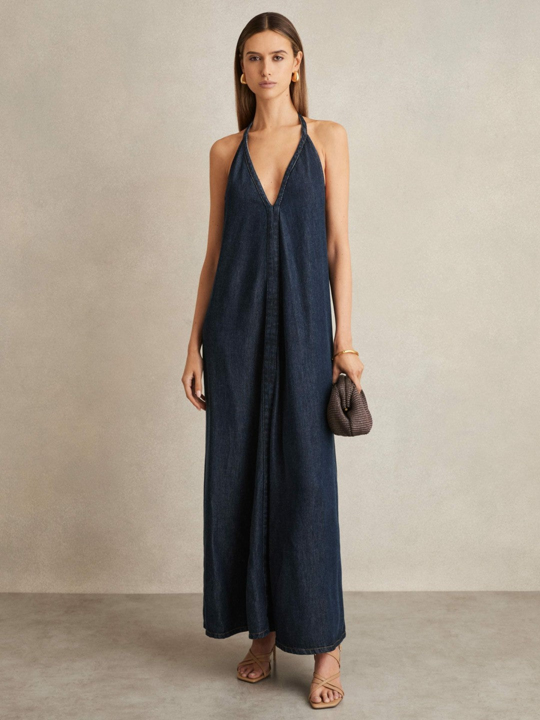 Denim Halterneck Maxi Dress Indigo | Womens