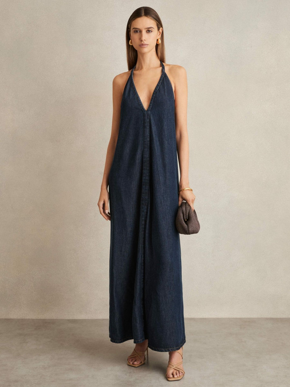 Denim Halterneck Maxi Dress Indigo | Womens