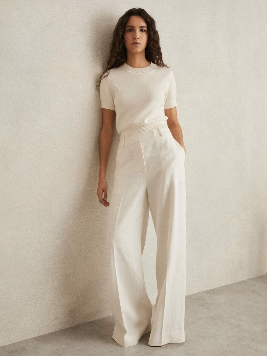 Petite Linen-Blend Wide-Leg Trousers White | Womens