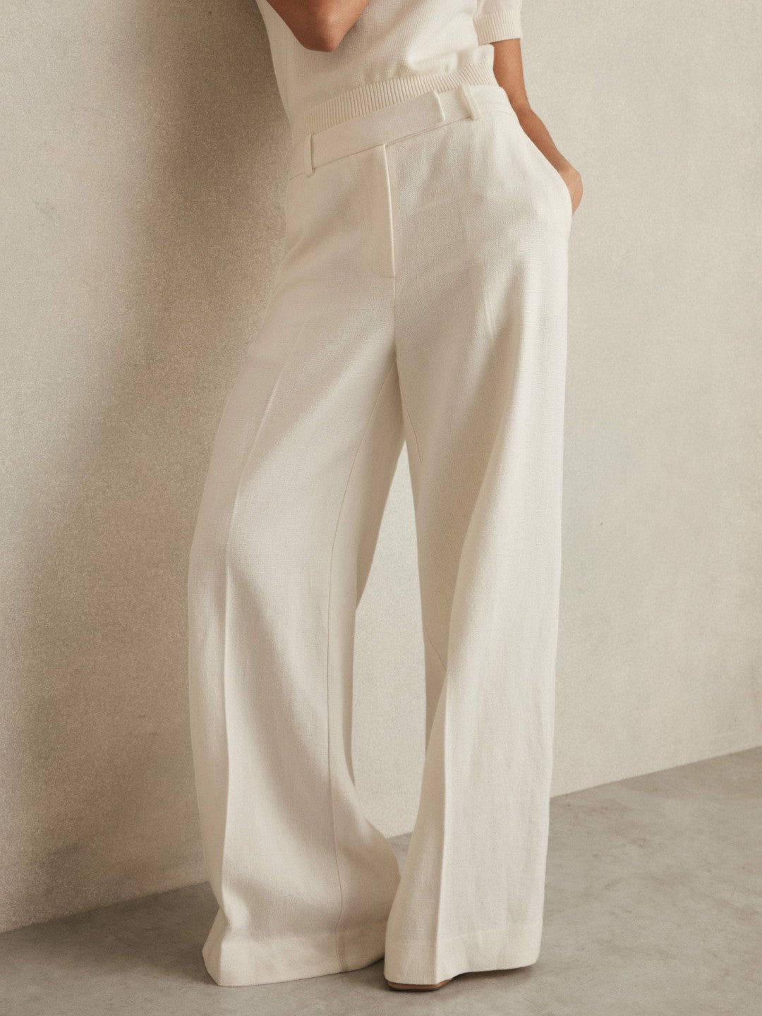 Petite Linen-Blend Wide-Leg Trousers White | Womens