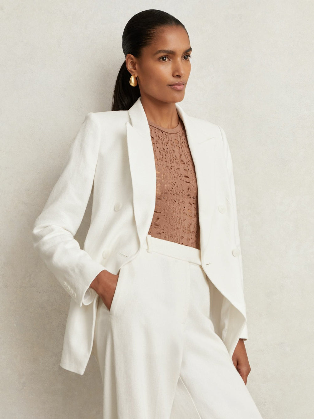 Linen-Blend Double-Breasted Suit Jacket White | Womens