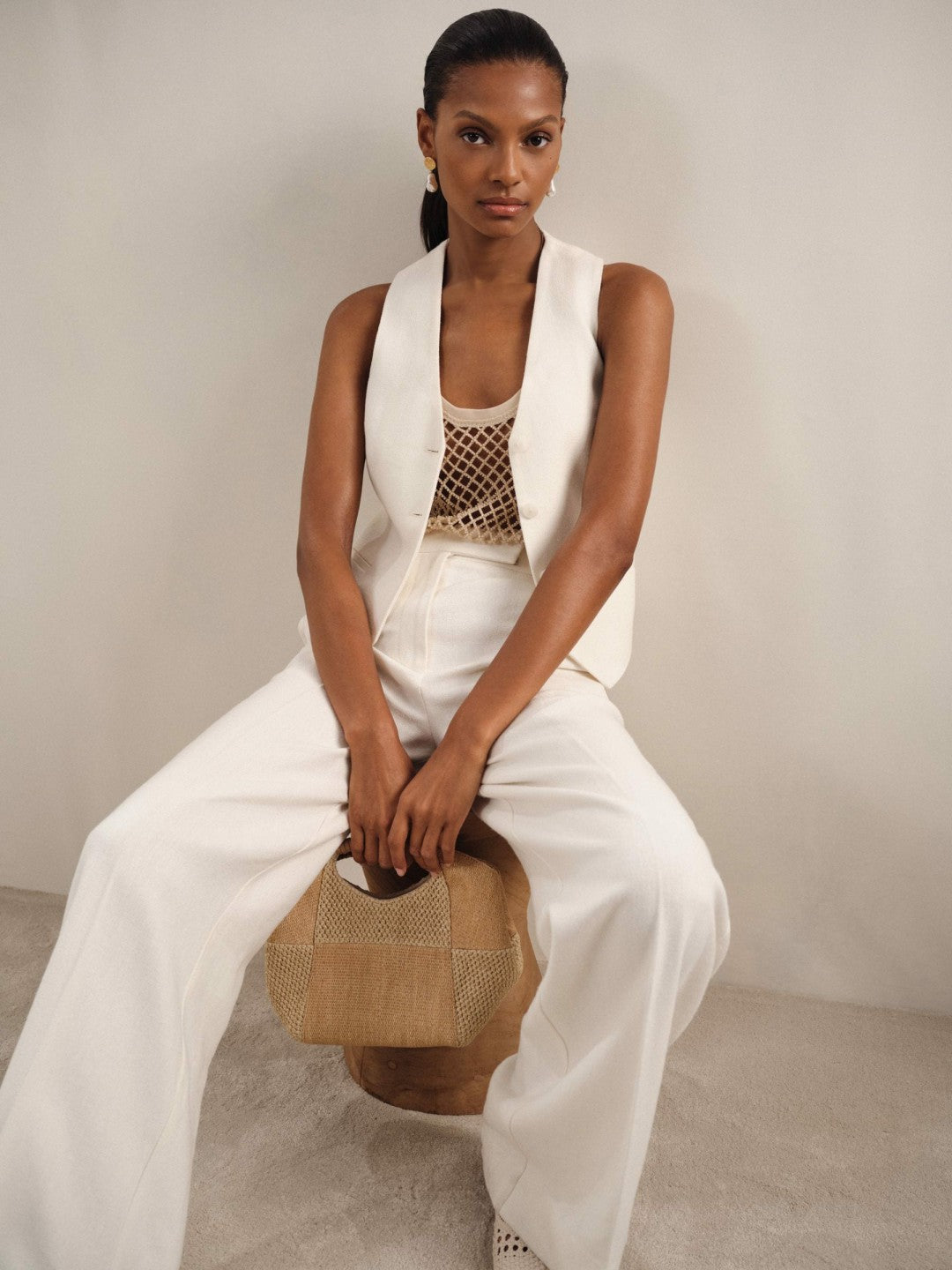 Linen-Blend Button-Through Waistcoat White | Womens