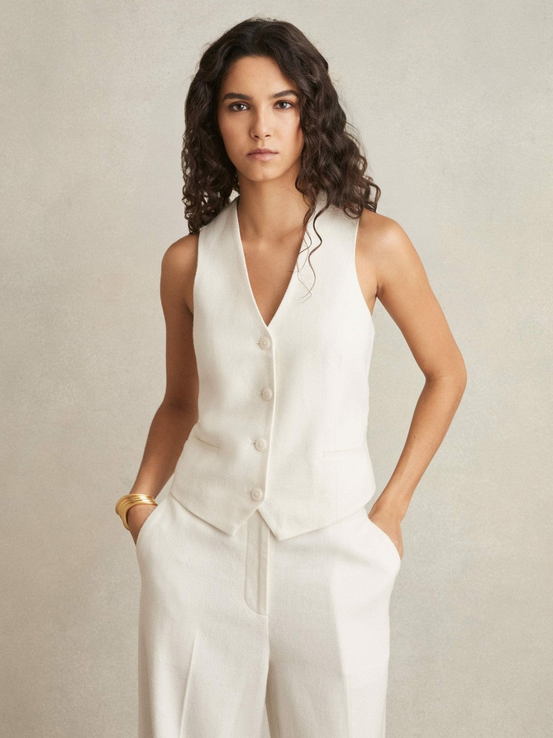 Linen-Blend Button-Through Waistcoat White | Womens