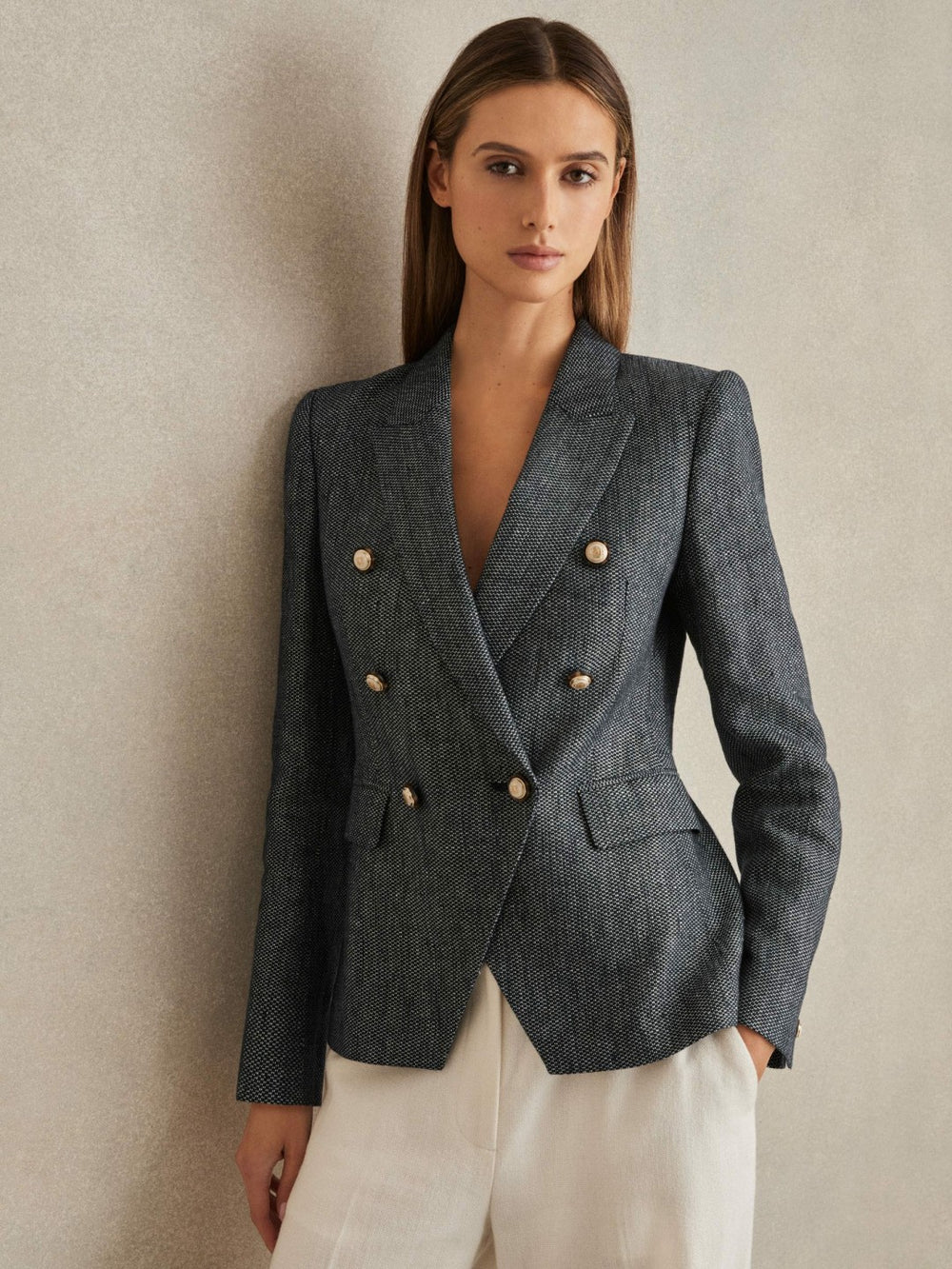Linen-Cotton Double-Breasted Blazer Navy | Womens