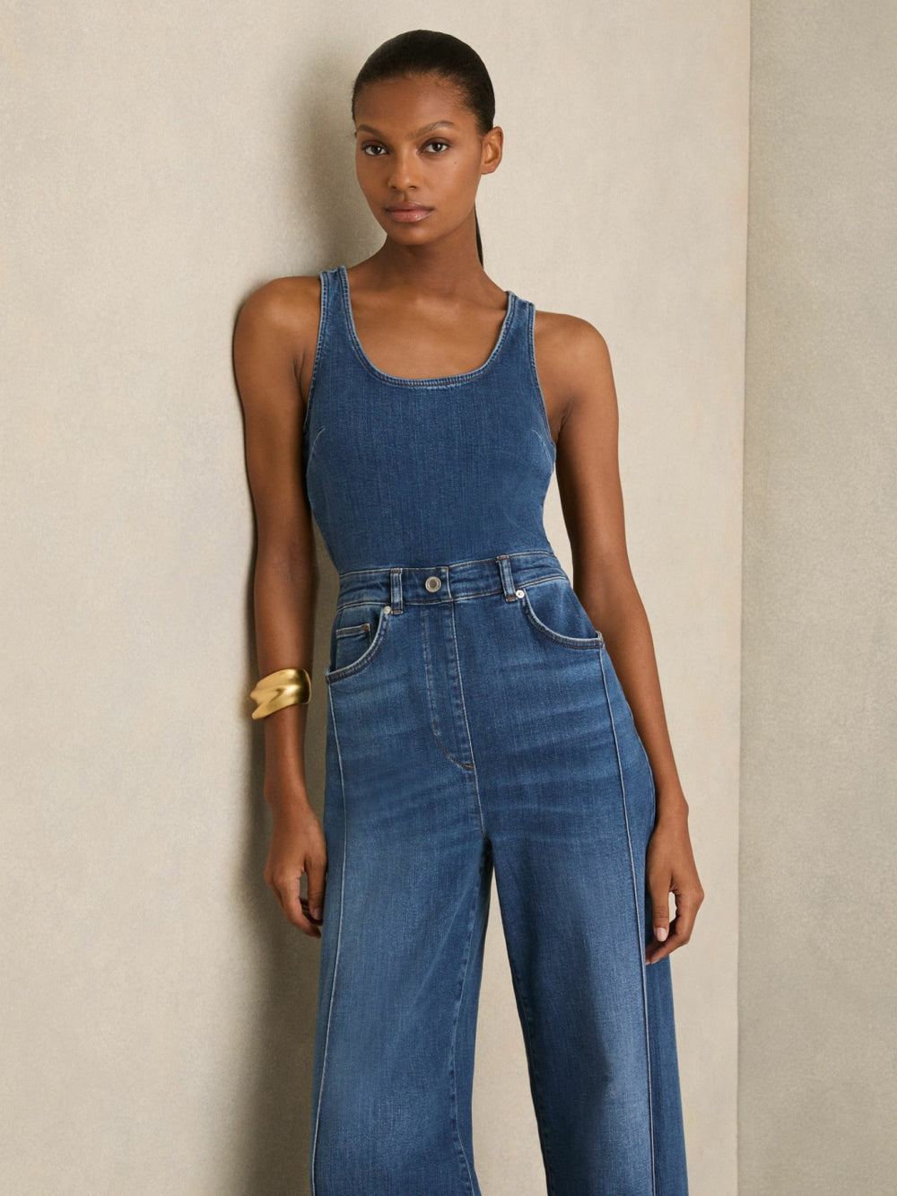 Wide-Leg Racer-Back Denim Jumpsuit Indigo | Womens