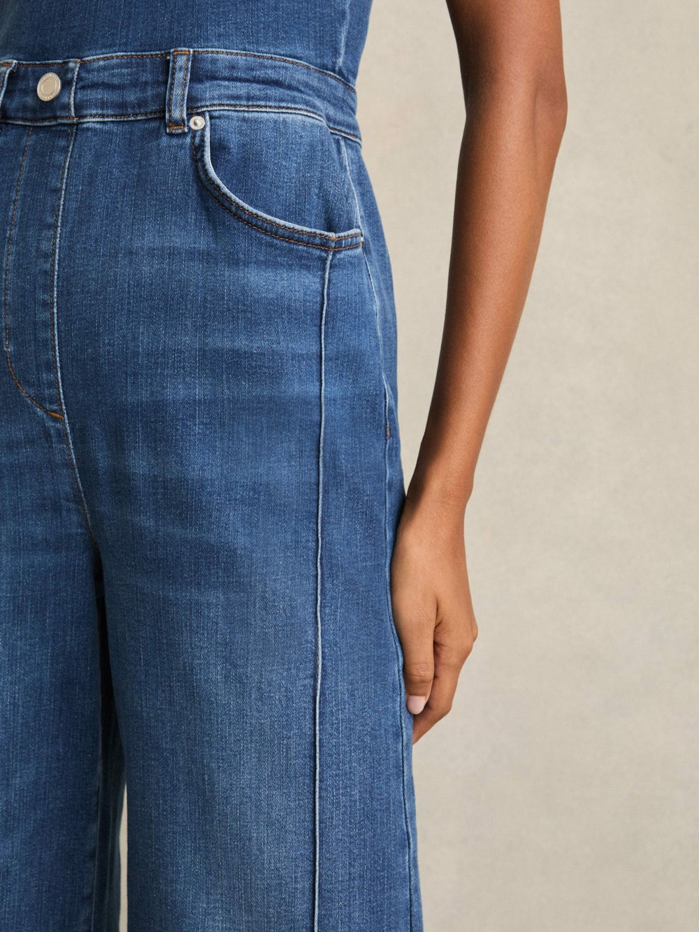 Wide-Leg Racer-Back Denim Jumpsuit Indigo | Womens