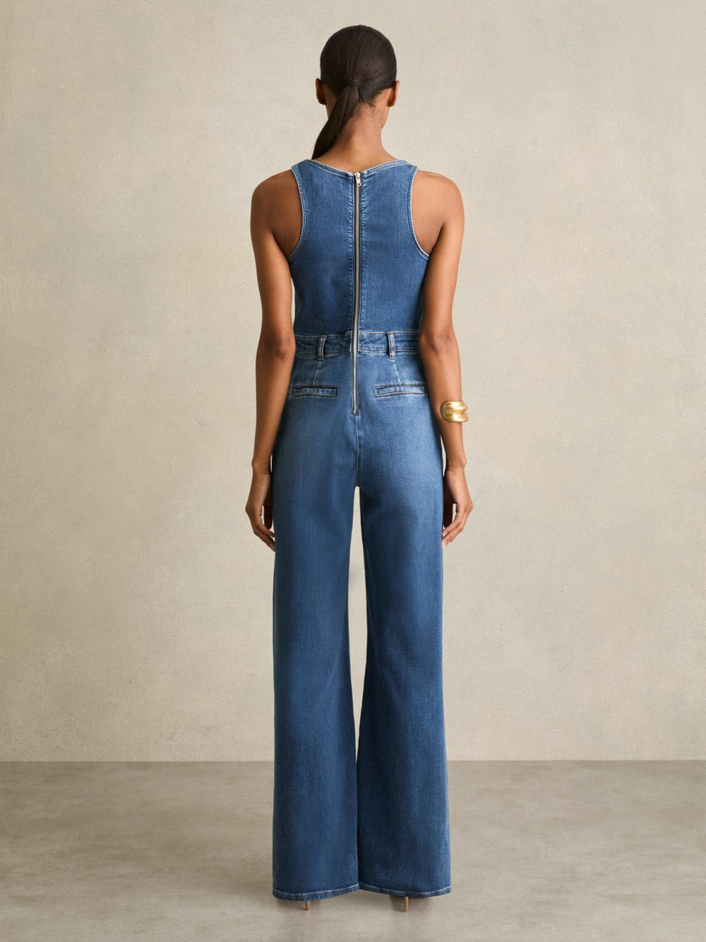Wide-Leg Racer-Back Denim Jumpsuit Indigo | Womens