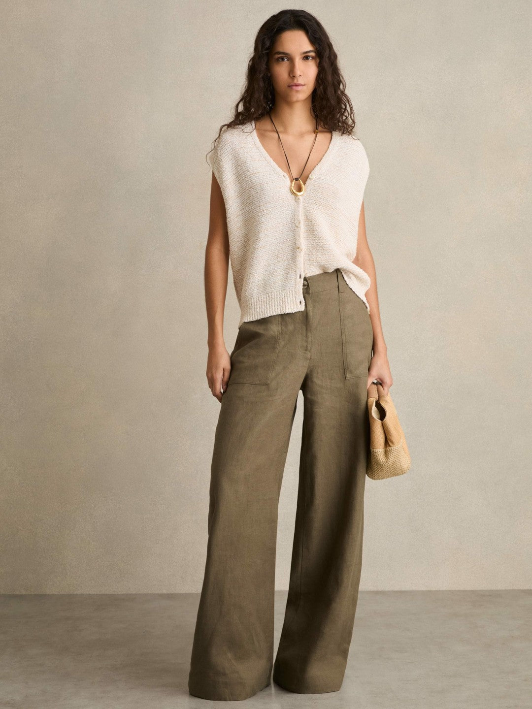 Linen Wide Leg Trousers Khaki | Womens