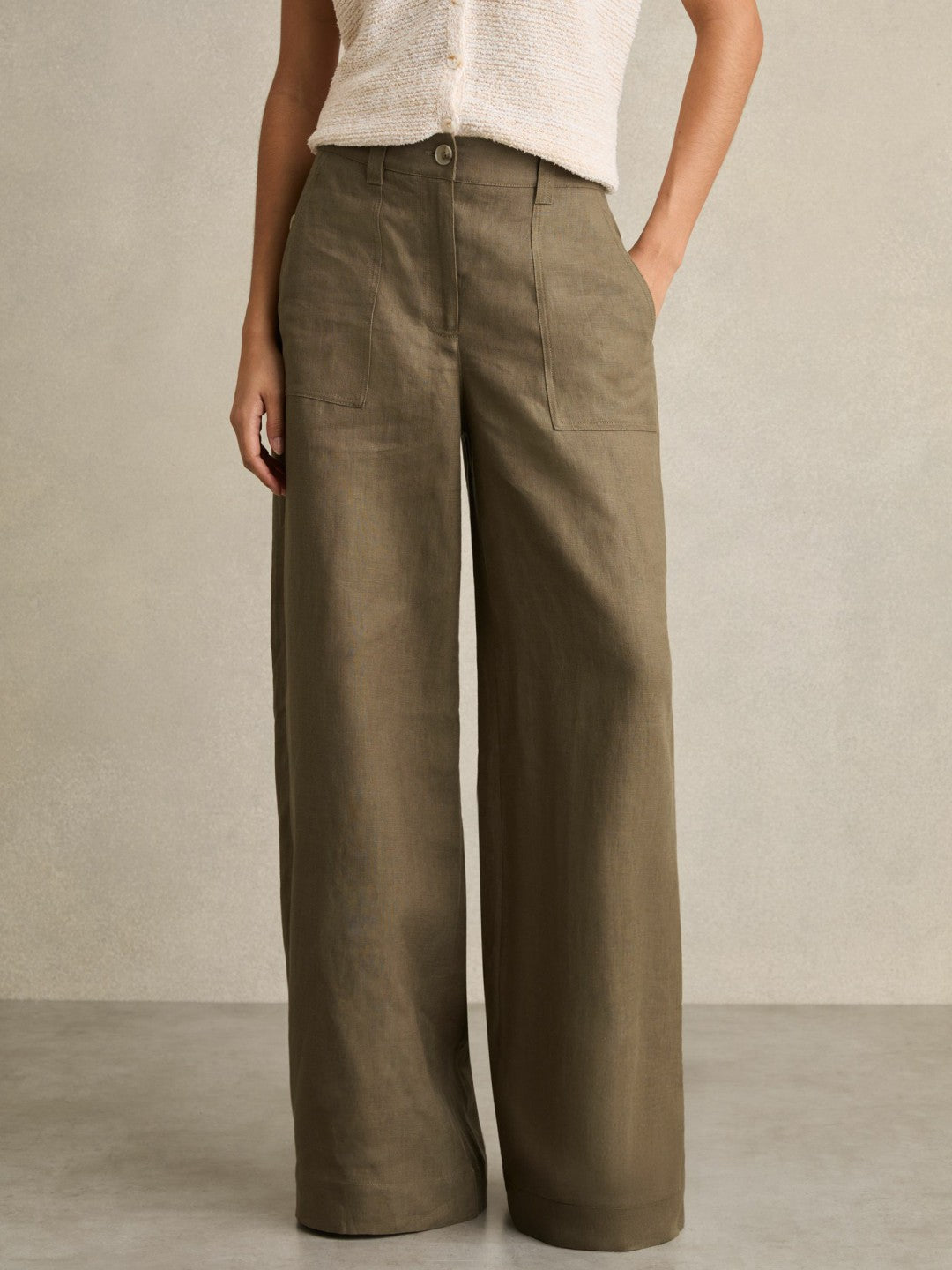 Linen Wide Leg Trousers Khaki | Womens