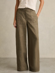 Linen Wide Leg Trousers Khaki | Womens