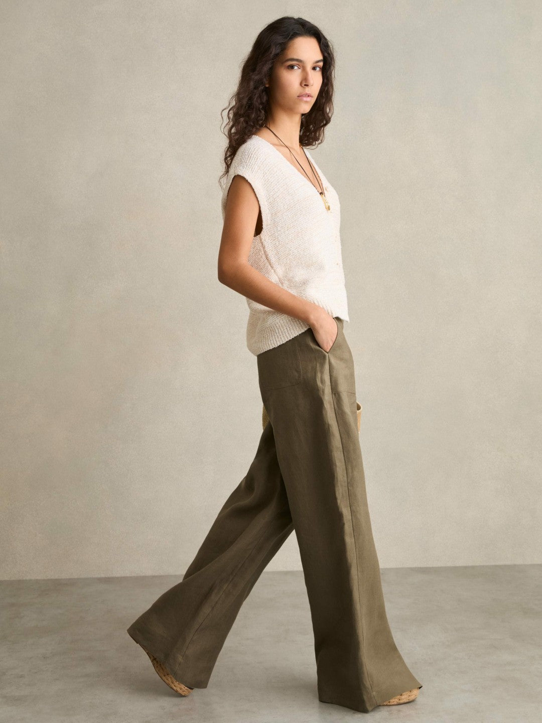 Petite Linen Wide Leg Trousers Khaki | Womens