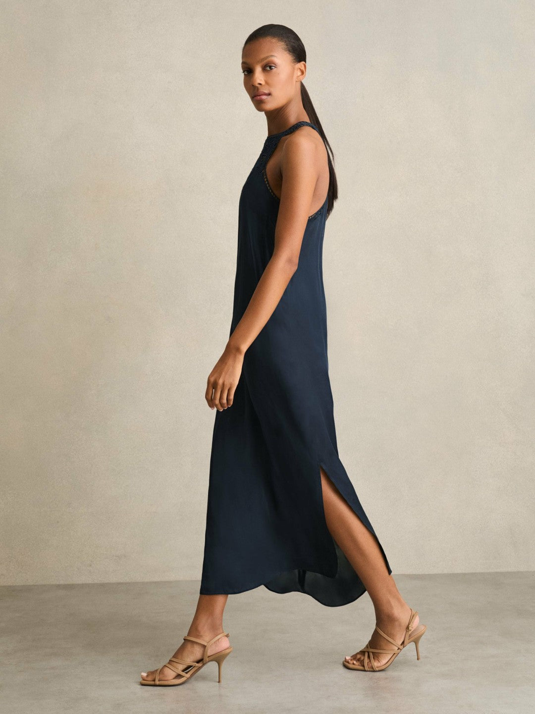 Satin Cut-Out Slip Dress Navy | Womens