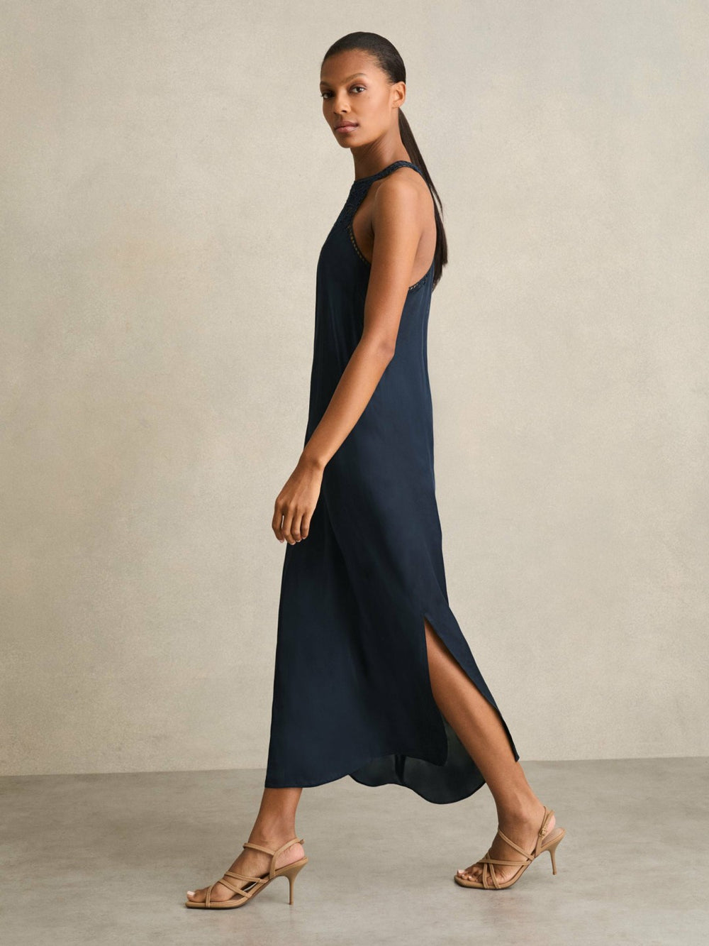 Satin Cut-Out Slip Dress Navy | Womens