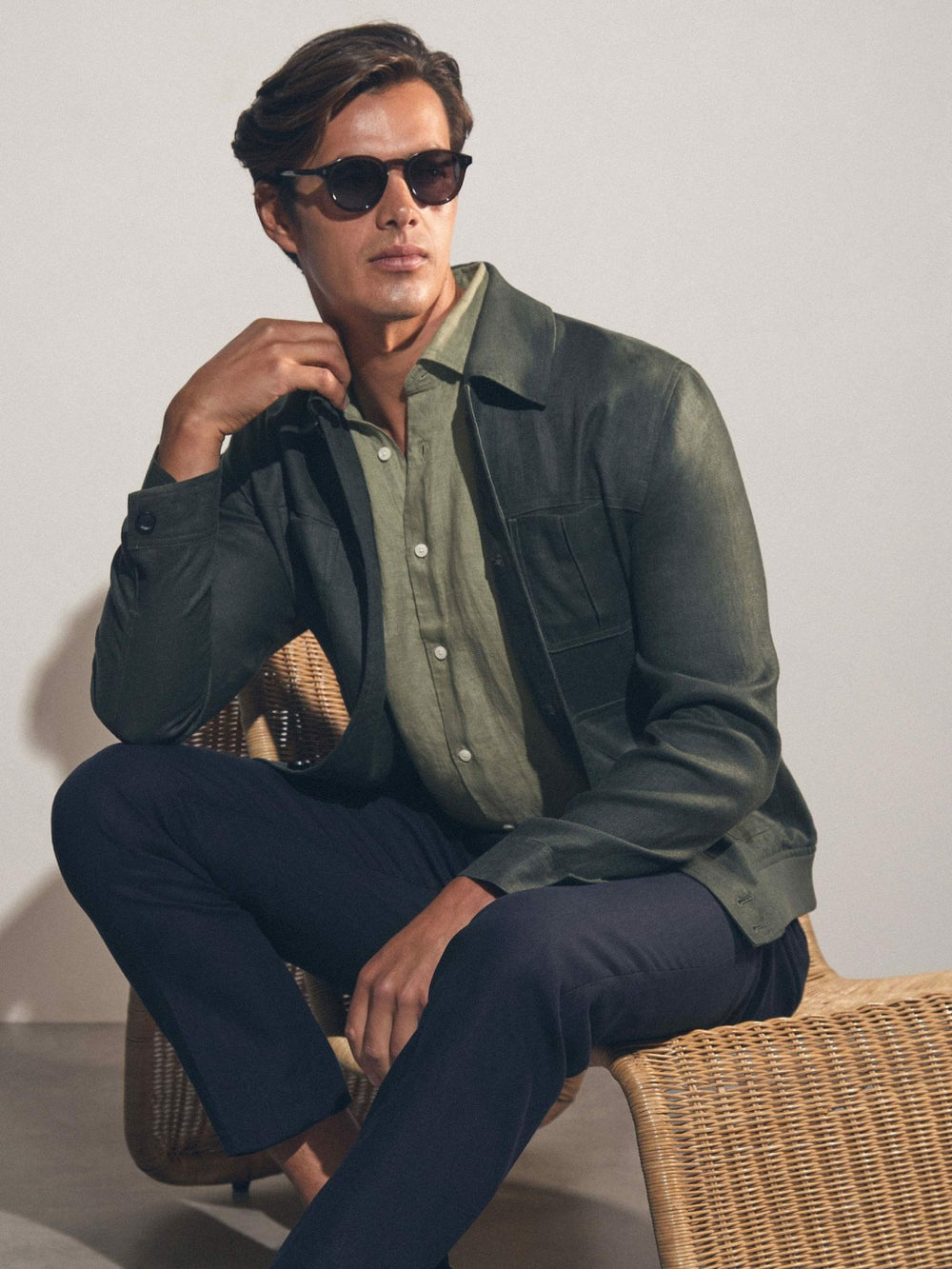 Slim Fit Linen Button-Through Shirt Thyme Green | Mens