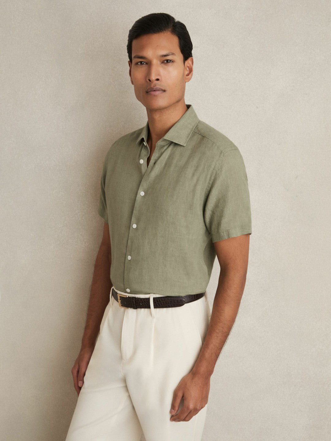Slim Fit Linen Button-Through Shirt Thyme Green | Mens