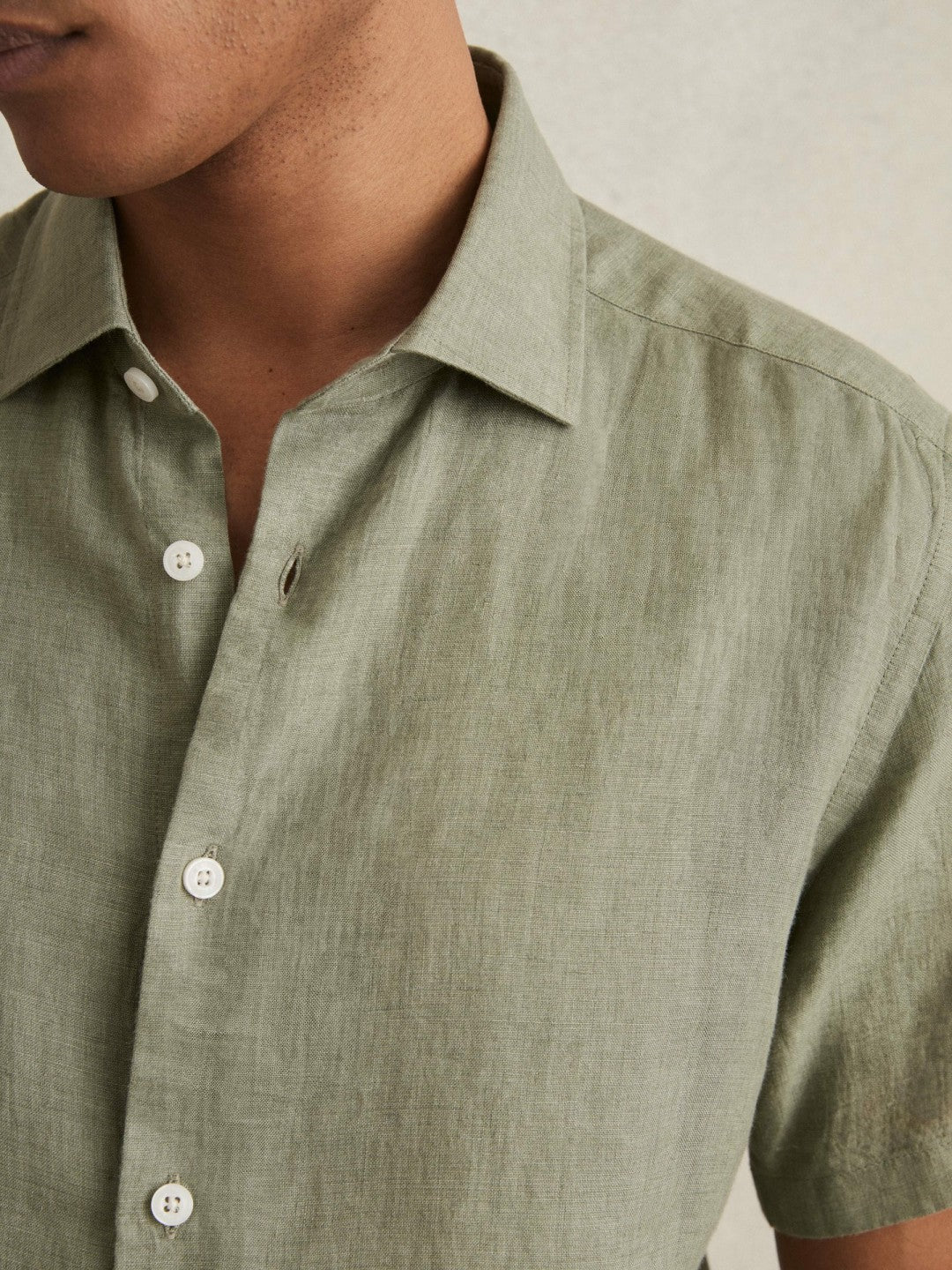 Slim Fit Linen Button-Through Shirt Thyme Green | Mens