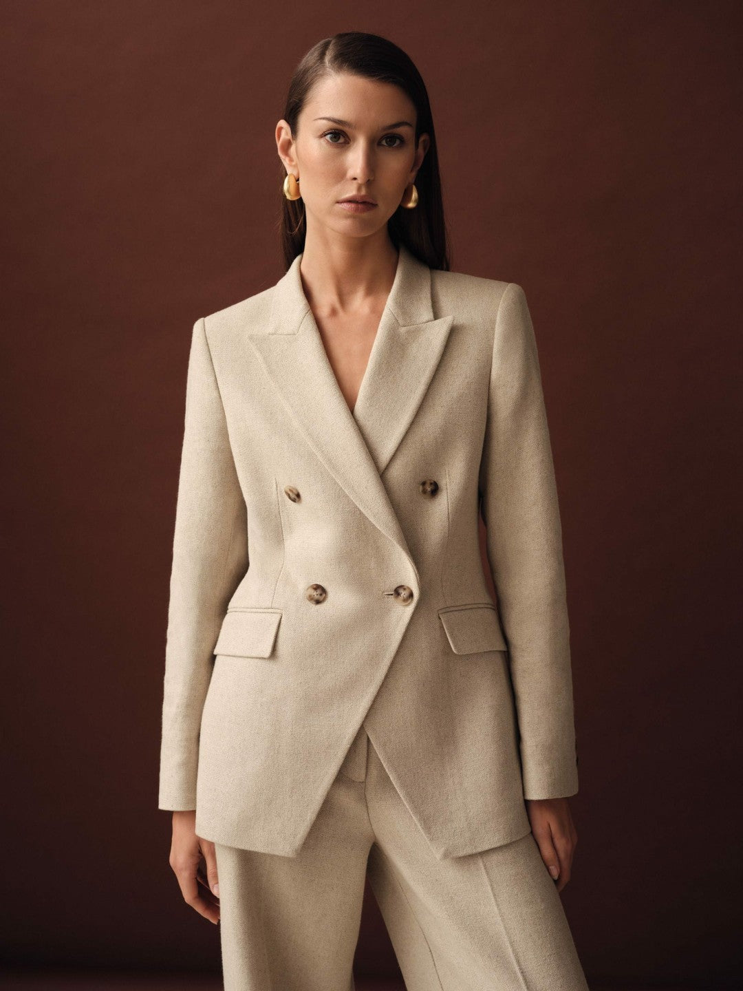Linen-Blend Double-Breasted Suit Jacket Neutral | Womens